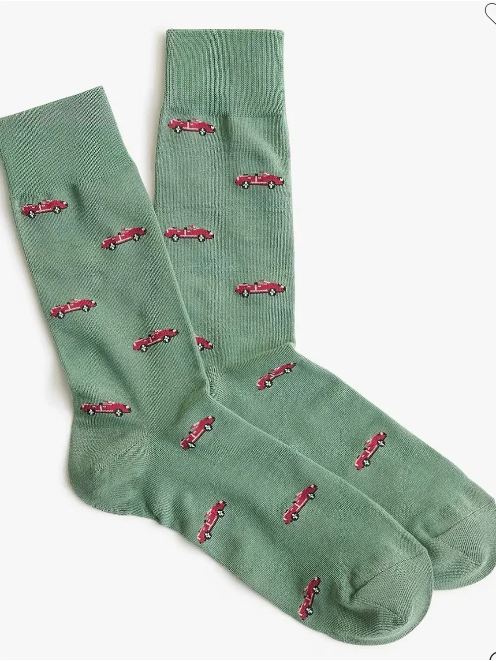 J. Crew Green Crew Socks with Red Car Motif